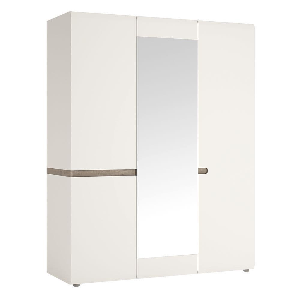 Brompton 3 Door Robe with mirror and Internal shelving in White with oak trim